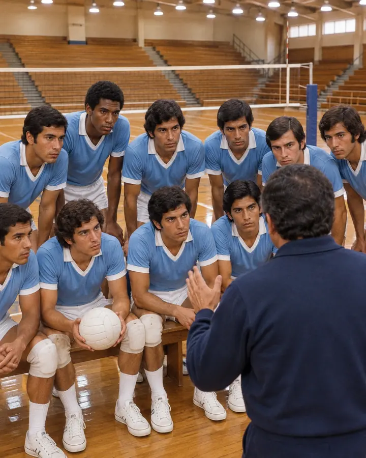 En un gimnasio iluminado, el entrenador, de espaldas, habla a los jugadores de la selección, reunidos frente a él en uniforme celeste, que lo escuchan con atención.