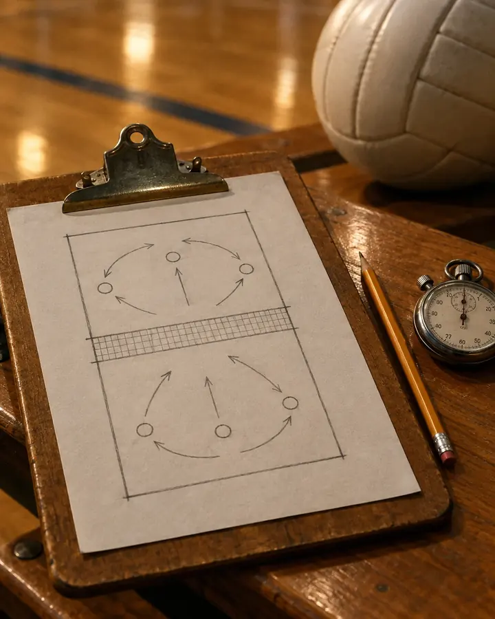 Una tabla de apuntes con una cancha dibujada a lápiz, un cronómetro y una pelota de voleibol.