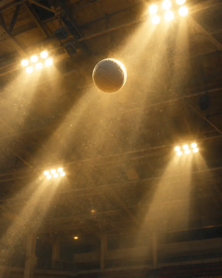 Haces de luz dorada en un gimnasio y una pelota de voleibol en el aire.